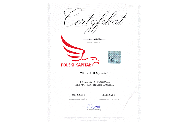 Wektor Sp. z o.o. posiada certyfikat „Polski Kapitał”